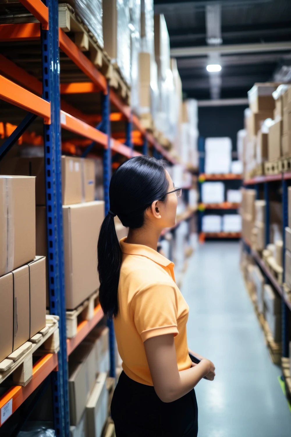Warehouse accounting and bookkeeping. A young woman stands in a warehouse checks the statements for the presence of goods.